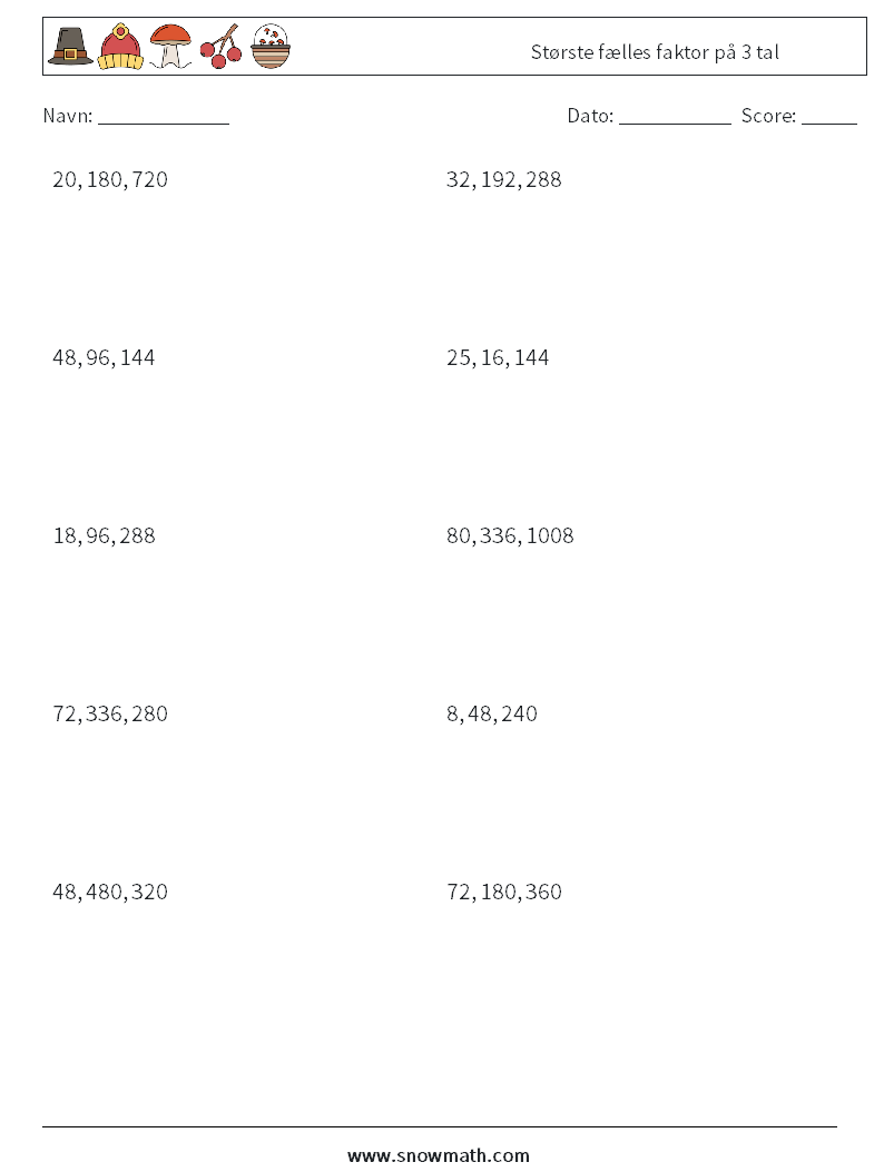 Største fælles faktor på 3 tal Matematiske regneark 1