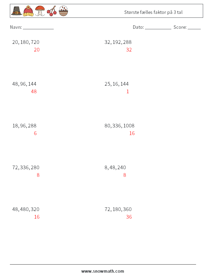 Største fælles faktor på 3 tal Matematiske regneark 1 Spørgsmål, svar