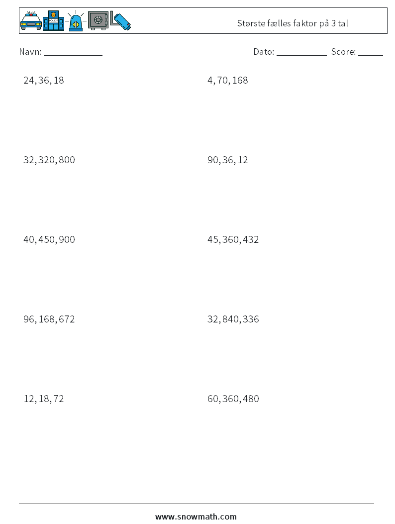 Største fælles faktor på 3 tal Matematiske regneark 2