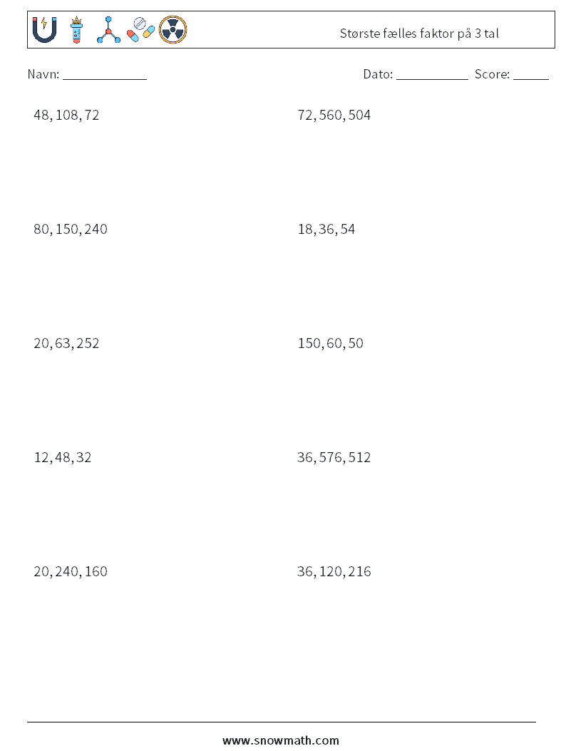 Største fælles faktor på 3 tal Matematiske regneark 4