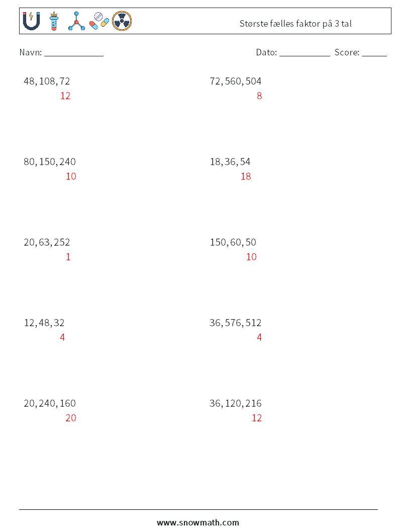 Største fælles faktor på 3 tal Matematiske regneark 4 Spørgsmål, svar