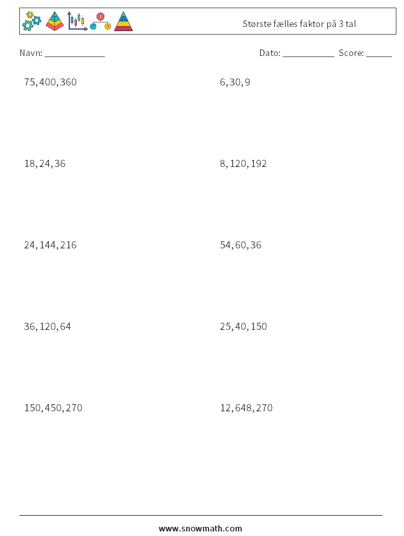 Største fælles faktor på 3 tal Matematiske regneark 9