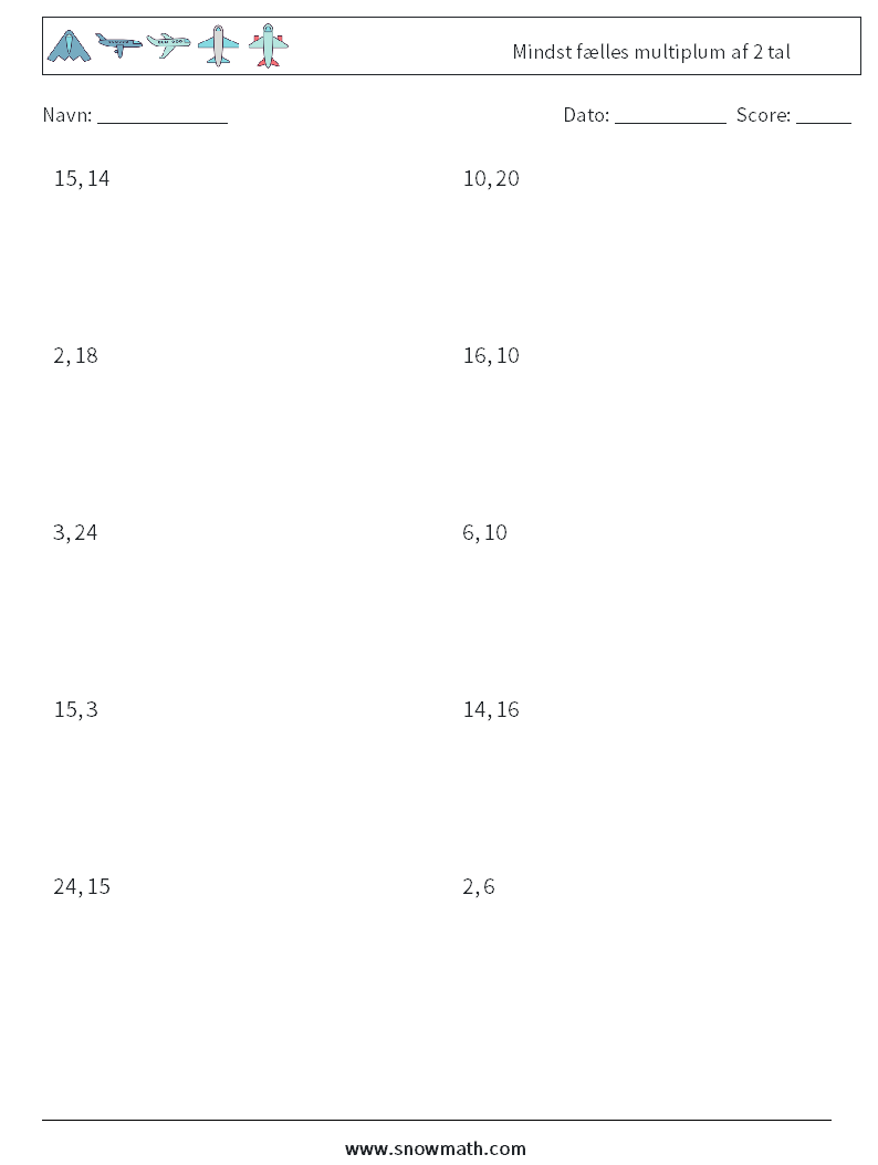 Mindst fælles multiplum af 2 tal Matematiske regneark 1