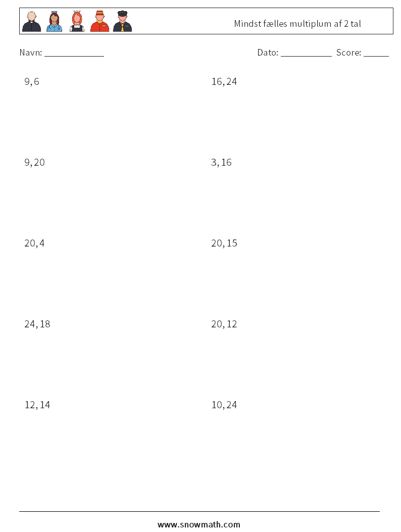 Mindst fælles multiplum af 2 tal Matematiske regneark 3