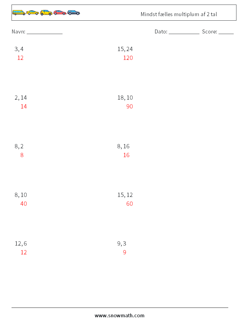 Mindst fælles multiplum af 2 tal Matematiske regneark 4 Spørgsmål, svar