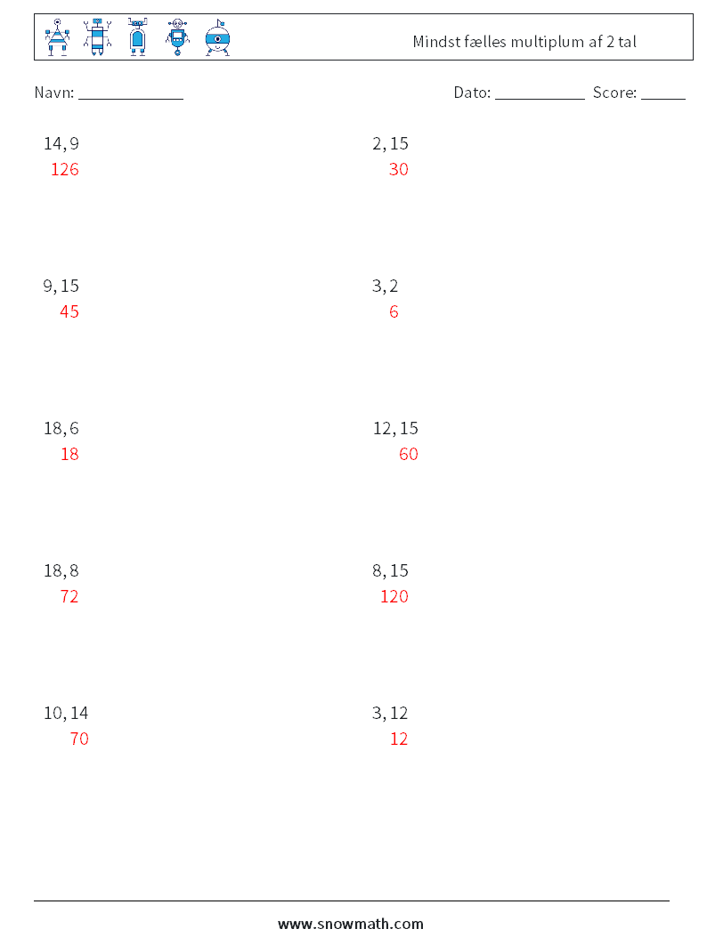 Mindst fælles multiplum af 2 tal Matematiske regneark 5 Spørgsmål, svar