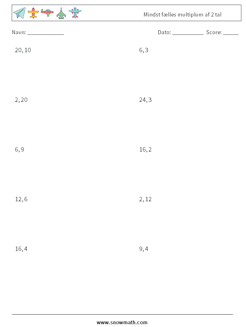 Mindst fælles multiplum af 2 tal Matematiske regneark 6