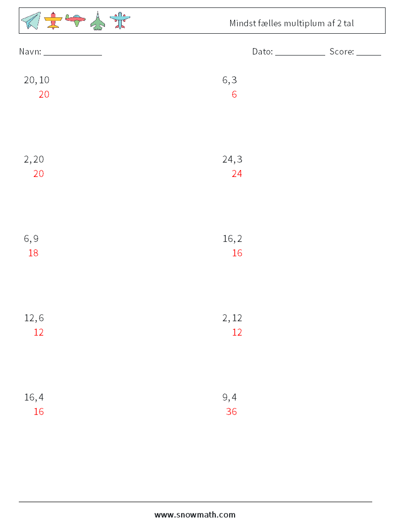 Mindst fælles multiplum af 2 tal Matematiske regneark 6 Spørgsmål, svar