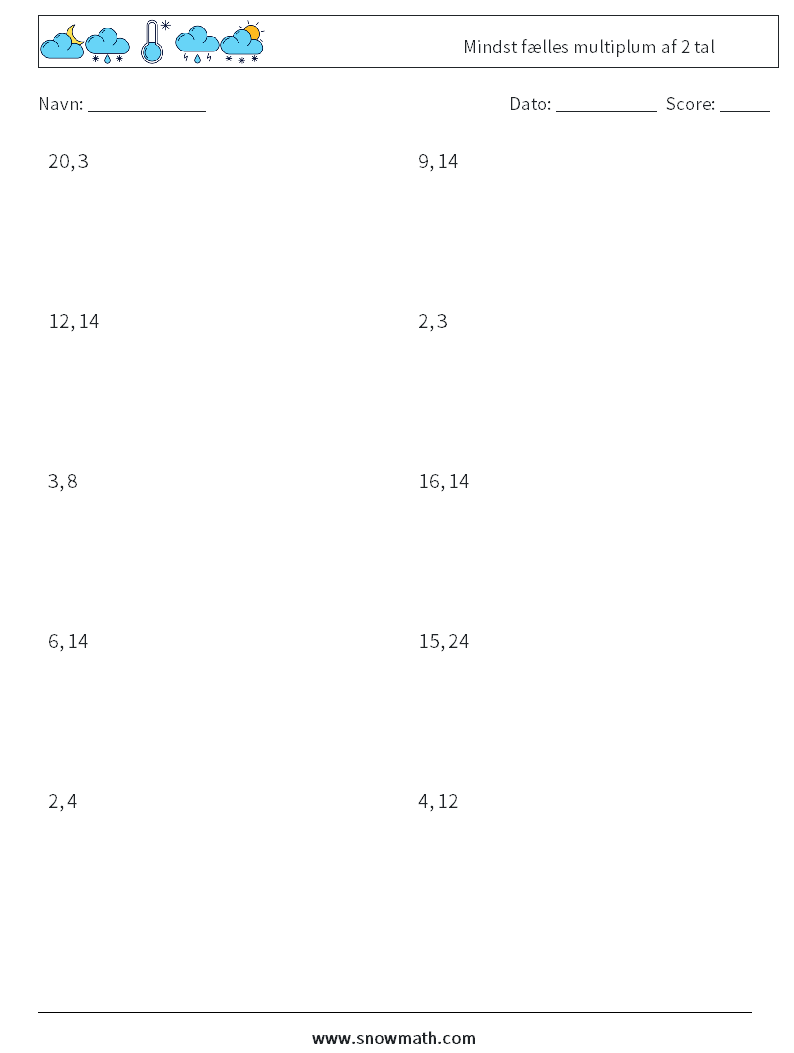 Mindst fælles multiplum af 2 tal Matematiske regneark 7