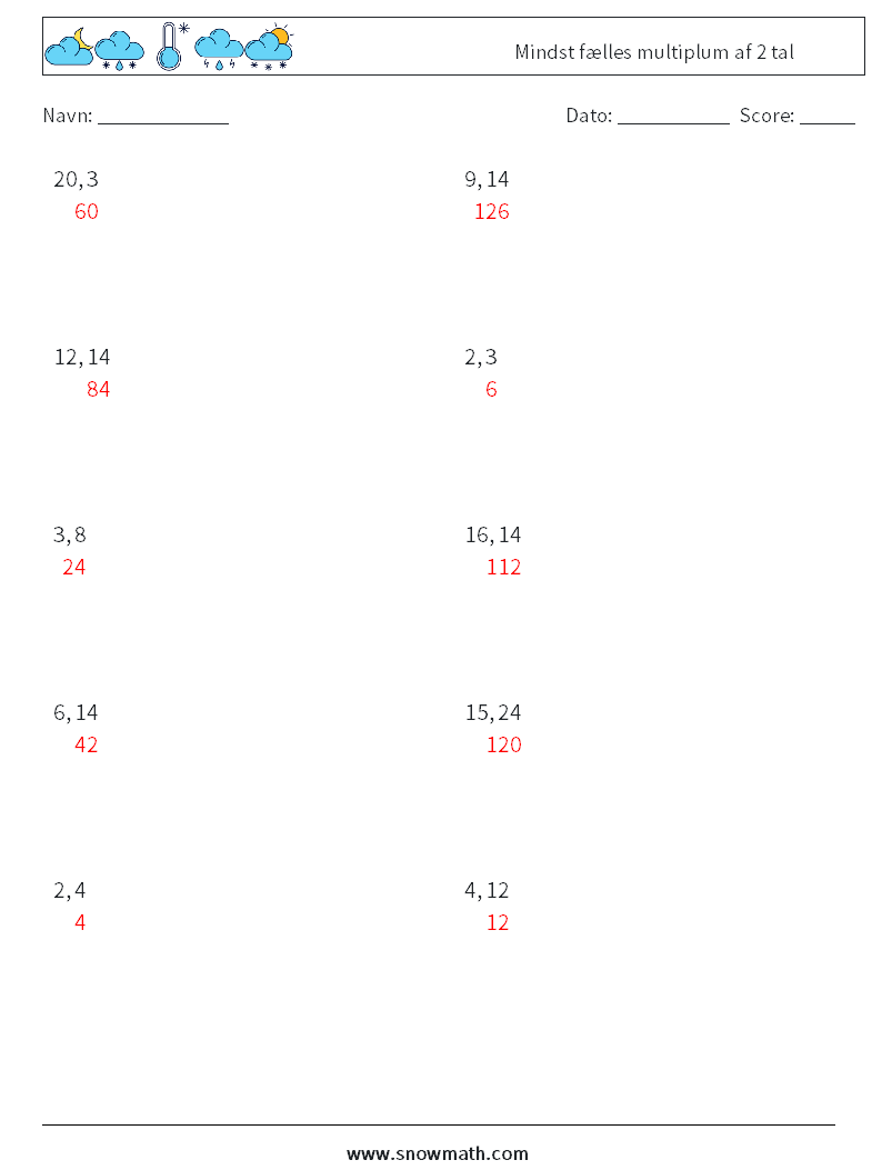 Mindst fælles multiplum af 2 tal Matematiske regneark 7 Spørgsmål, svar