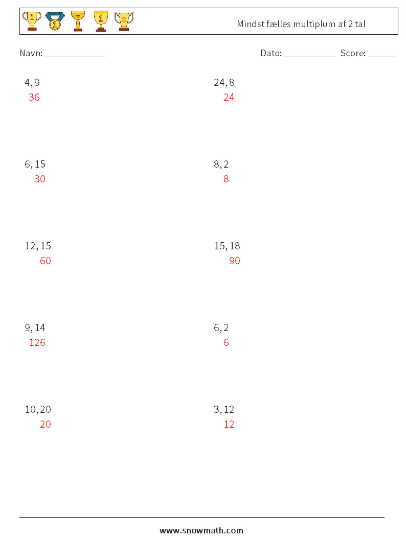 Mindst fælles multiplum af 2 tal Matematiske regneark 8 Spørgsmål, svar