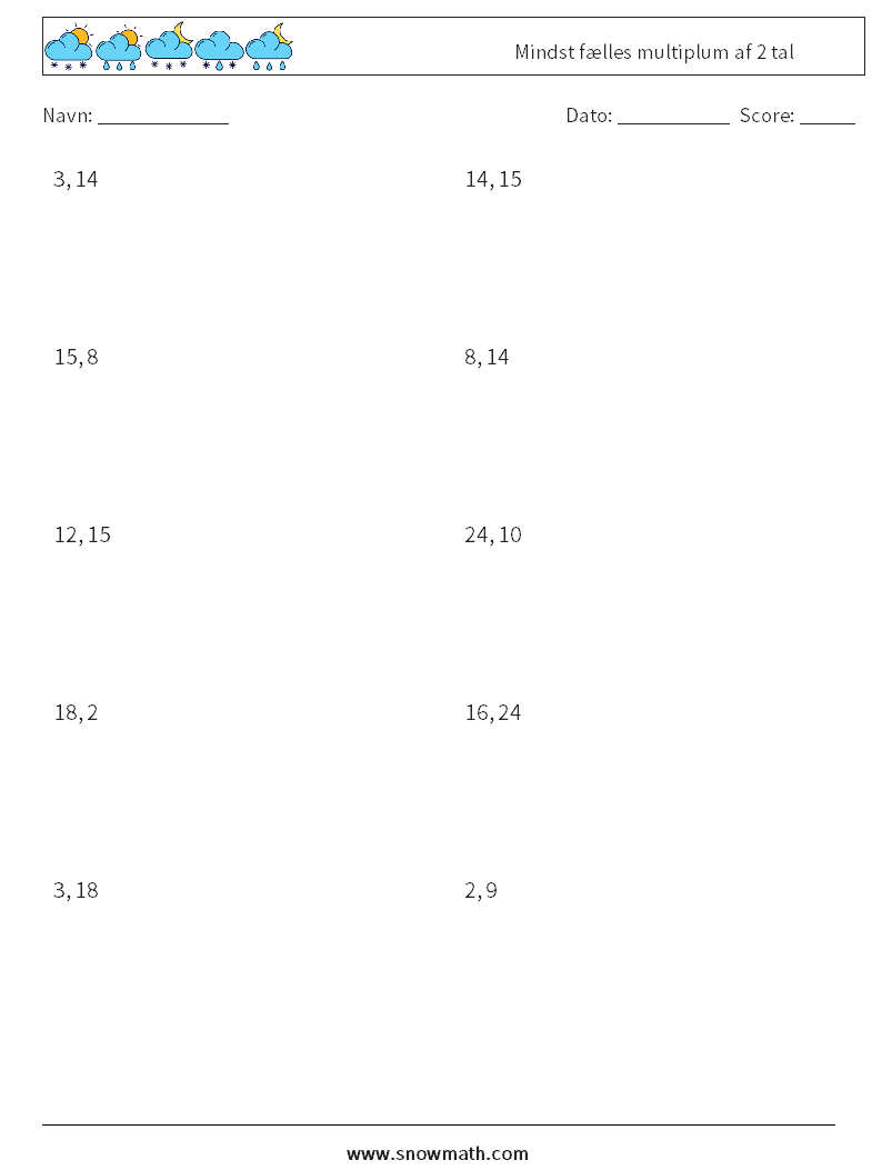 Mindst fælles multiplum af 2 tal Matematiske regneark 9