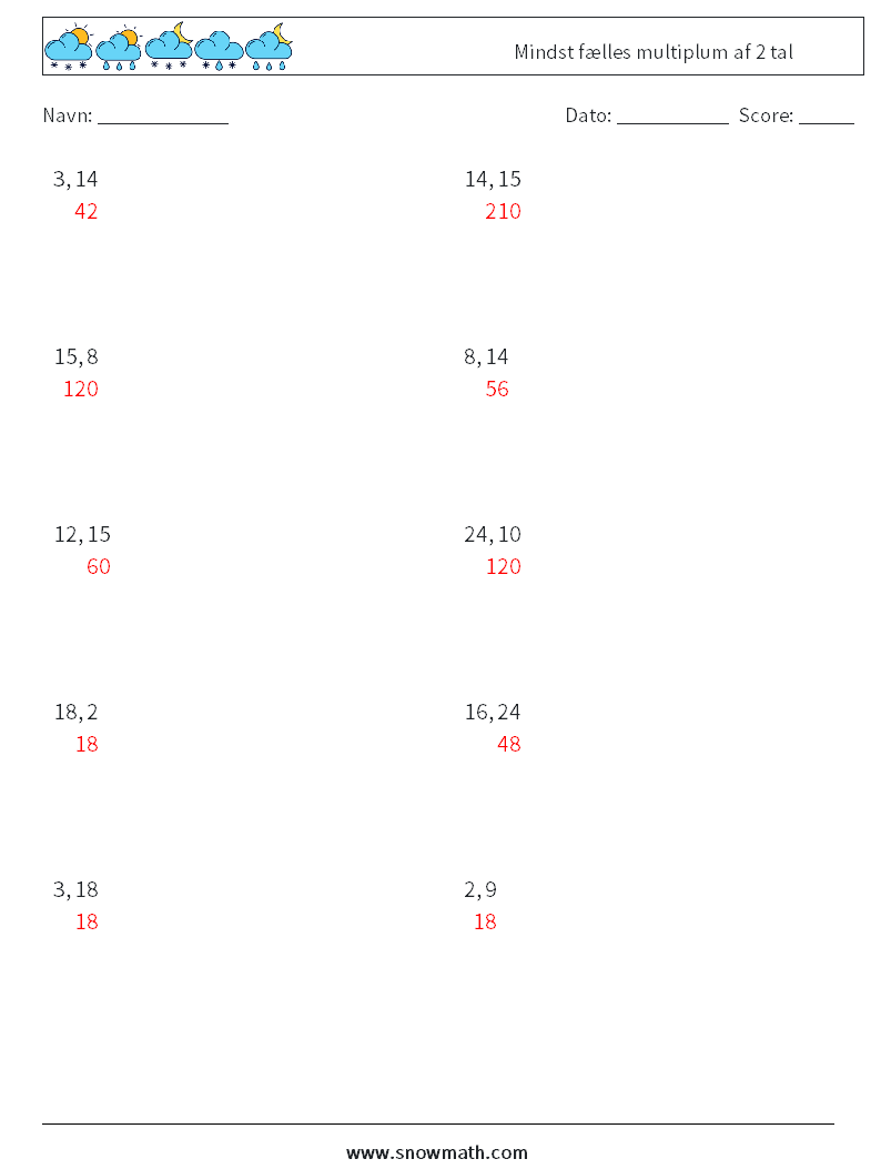 Mindst fælles multiplum af 2 tal Matematiske regneark 9 Spørgsmål, svar