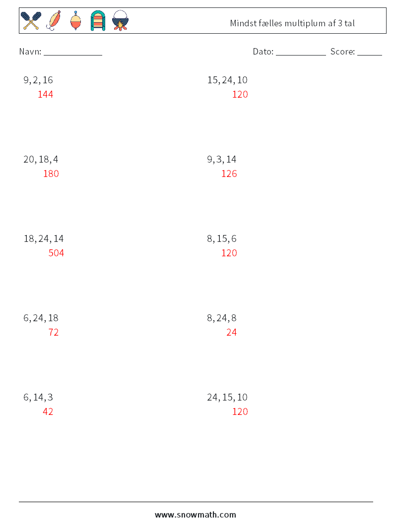 Mindst fælles multiplum af 3 tal Matematiske regneark 1 Spørgsmål, svar