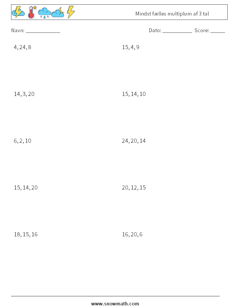 Mindst fælles multiplum af 3 tal Matematiske regneark 2