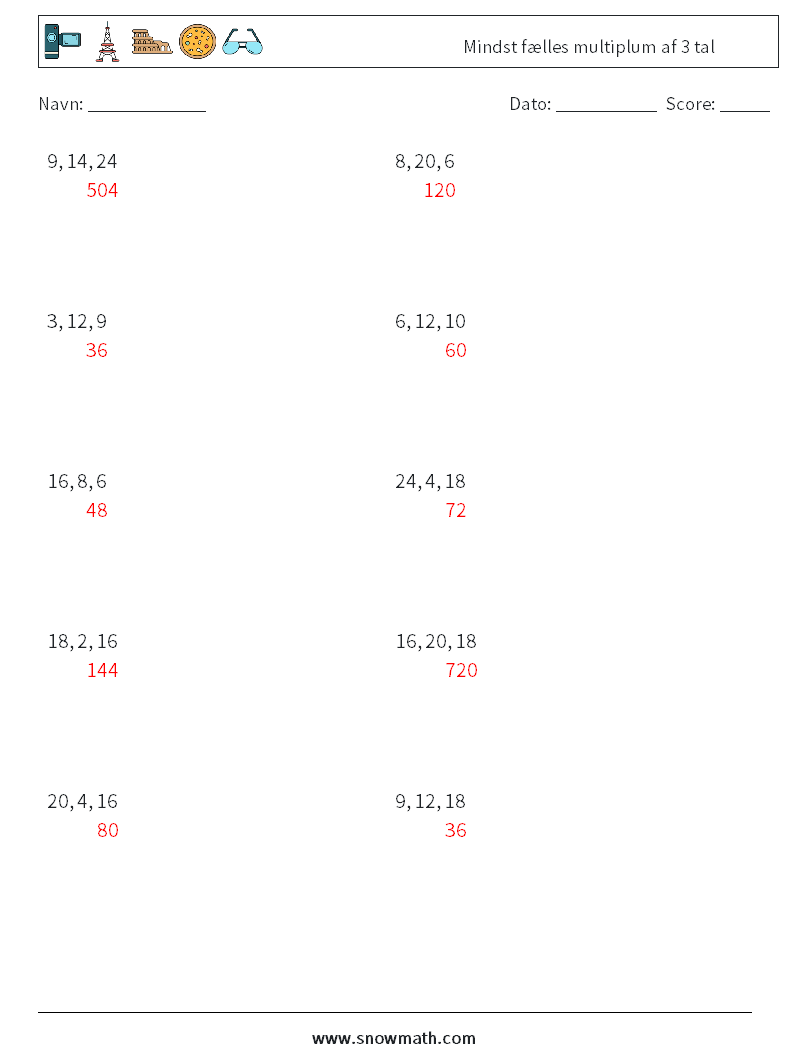 Mindst fælles multiplum af 3 tal Matematiske regneark 3 Spørgsmål, svar