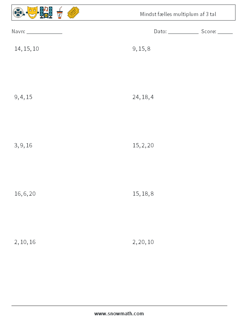 Mindst fælles multiplum af 3 tal Matematiske regneark 4