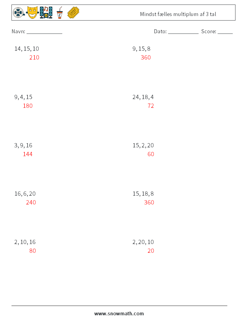 Mindst fælles multiplum af 3 tal Matematiske regneark 4 Spørgsmål, svar