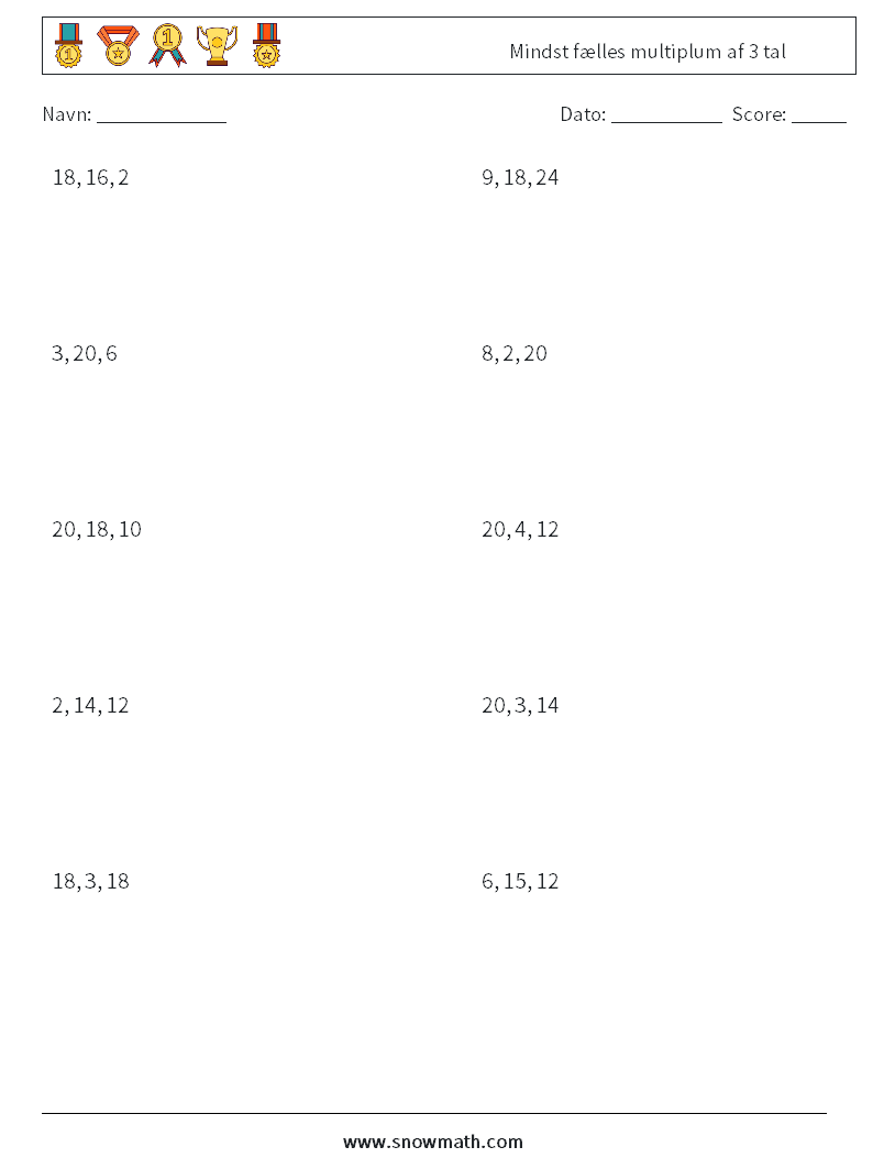 Mindst fælles multiplum af 3 tal Matematiske regneark 6