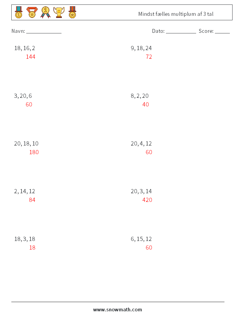 Mindst fælles multiplum af 3 tal Matematiske regneark 6 Spørgsmål, svar