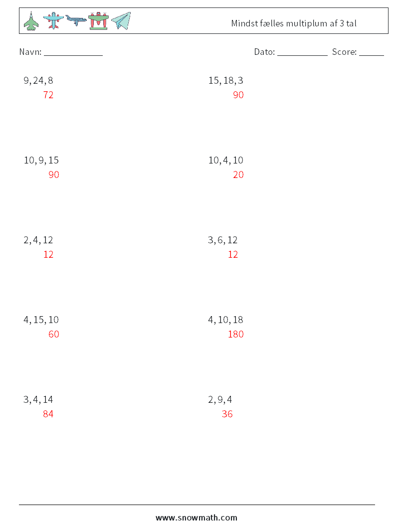 Mindst fælles multiplum af 3 tal Matematiske regneark 7 Spørgsmål, svar