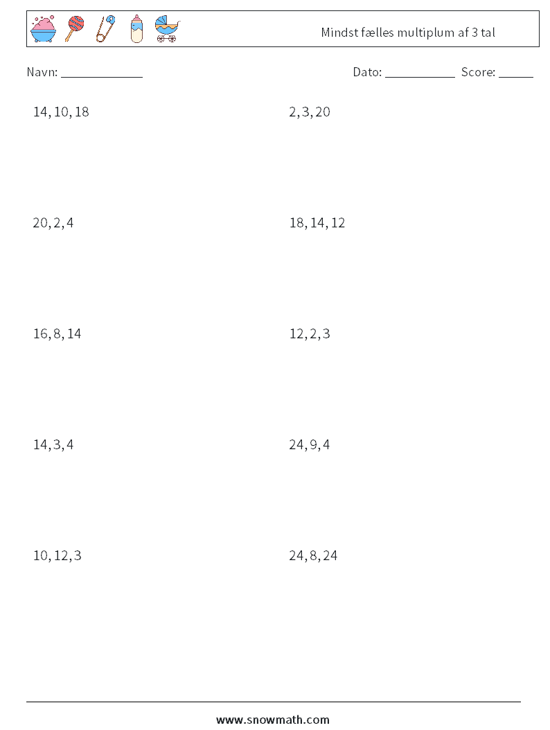 Mindst fælles multiplum af 3 tal Matematiske regneark 8