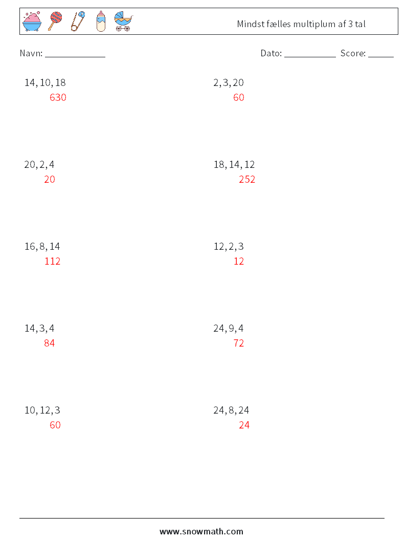 Mindst fælles multiplum af 3 tal Matematiske regneark 8 Spørgsmål, svar