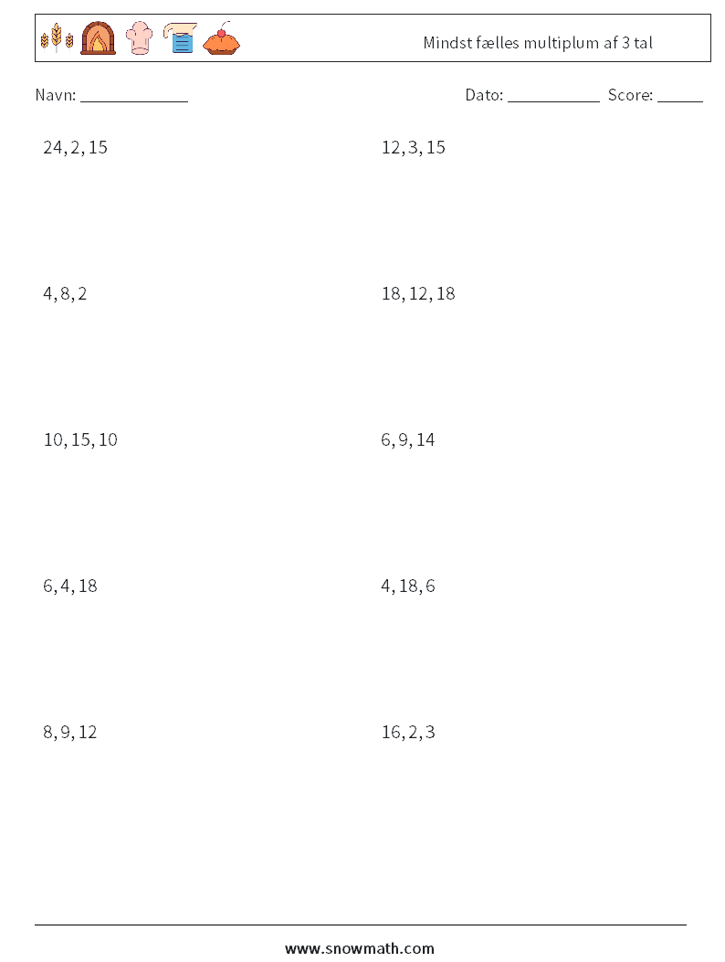 Mindst fælles multiplum af 3 tal Matematiske regneark 9