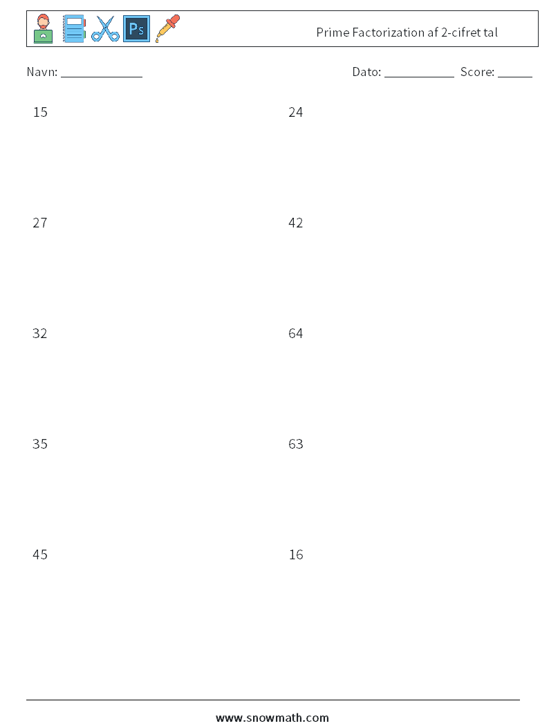 Prime Factorization af 2-cifret tal Matematiske regneark 1