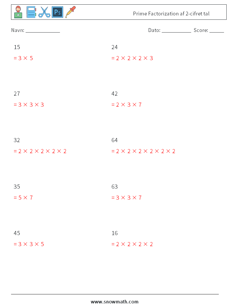 Prime Factorization af 2-cifret tal Matematiske regneark 1 Spørgsmål, svar