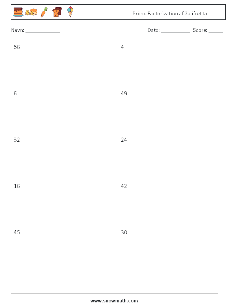 Prime Factorization af 2-cifret tal Matematiske regneark 2