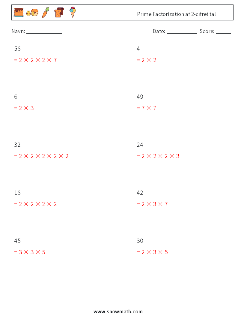 Prime Factorization af 2-cifret tal Matematiske regneark 2 Spørgsmål, svar