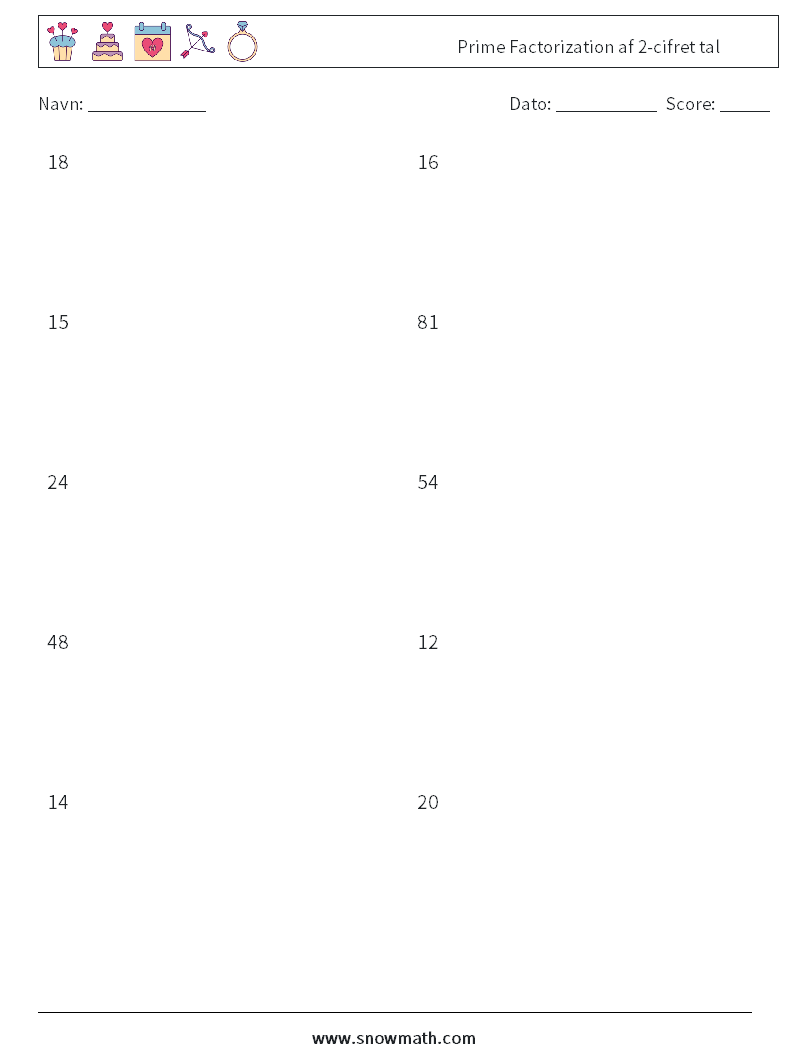 Prime Factorization af 2-cifret tal Matematiske regneark 3