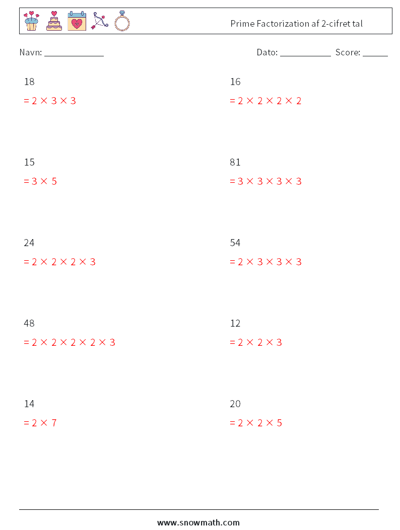 Prime Factorization af 2-cifret tal Matematiske regneark 3 Spørgsmål, svar