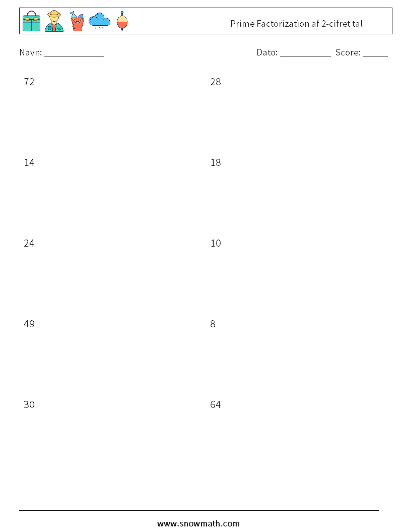 Prime Factorization af 2-cifret tal Matematiske regneark 4