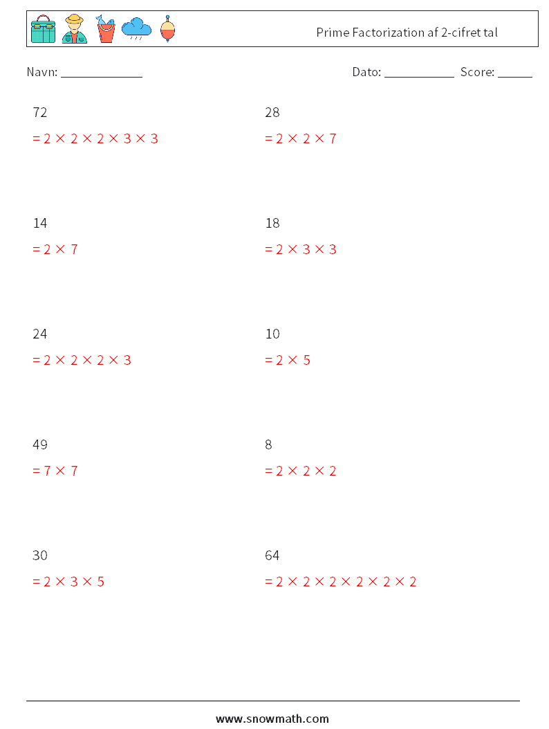 Prime Factorization af 2-cifret tal Matematiske regneark 4 Spørgsmål, svar