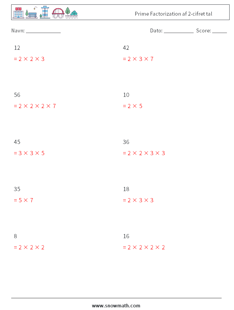 Prime Factorization af 2-cifret tal Matematiske regneark 5 Spørgsmål, svar