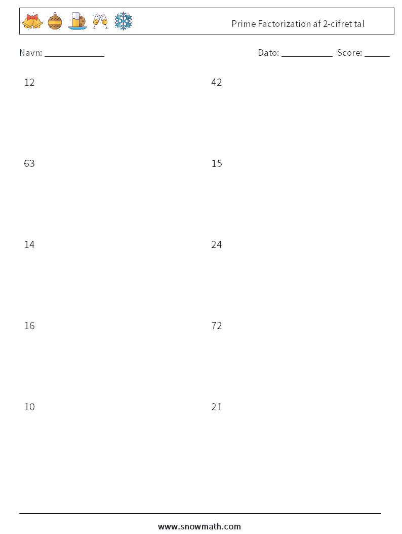 Prime Factorization af 2-cifret tal Matematiske regneark 6