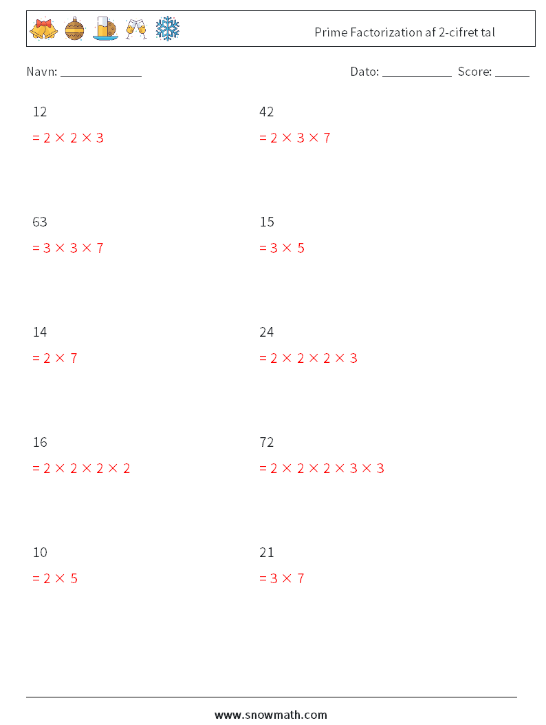 Prime Factorization af 2-cifret tal Matematiske regneark 6 Spørgsmål, svar
