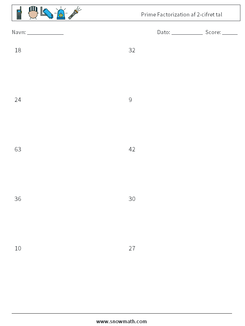 Prime Factorization af 2-cifret tal Matematiske regneark 7