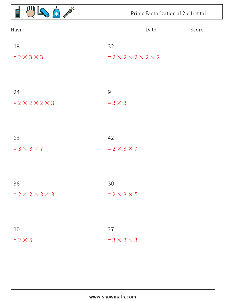 Prime Factorization af 2-cifret tal Matematiske regneark 7 Spørgsmål, svar