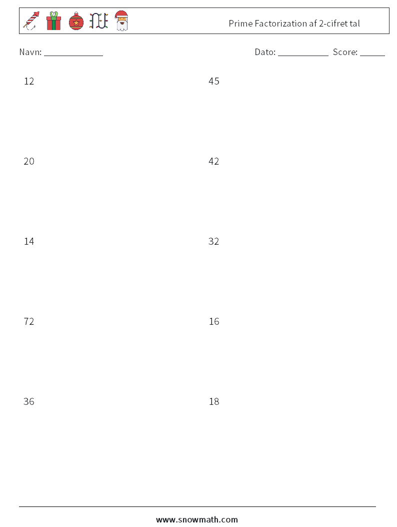 Prime Factorization af 2-cifret tal Matematiske regneark 8