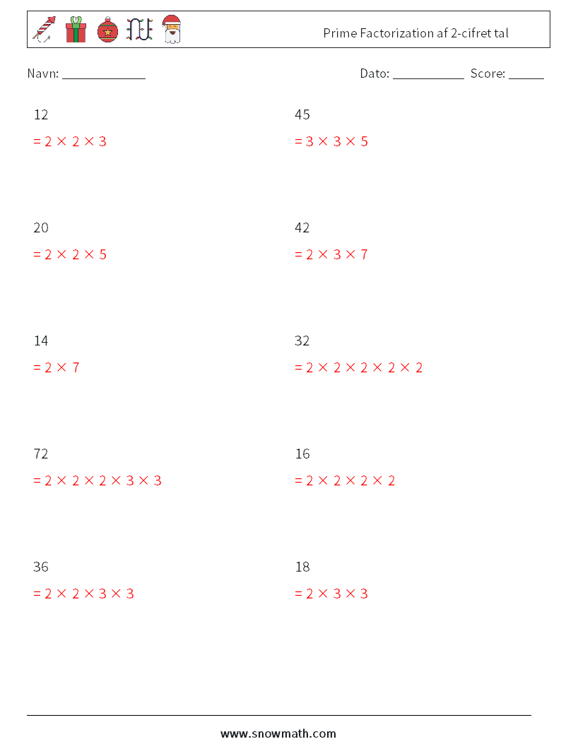 Prime Factorization af 2-cifret tal Matematiske regneark 8 Spørgsmål, svar