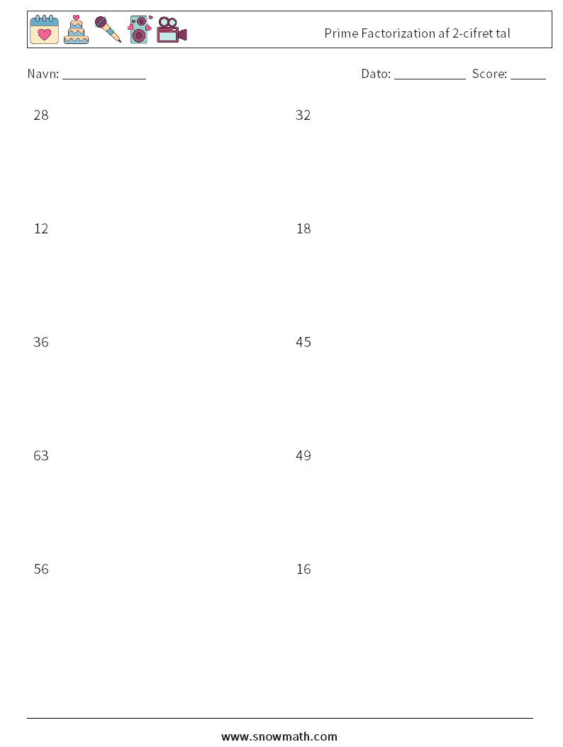 Prime Factorization af 2-cifret tal Matematiske regneark 9