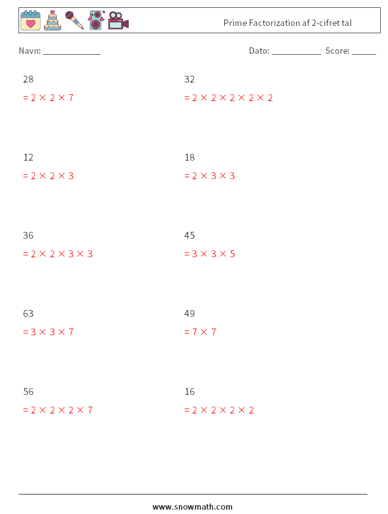 Prime Factorization af 2-cifret tal Matematiske regneark 9 Spørgsmål, svar