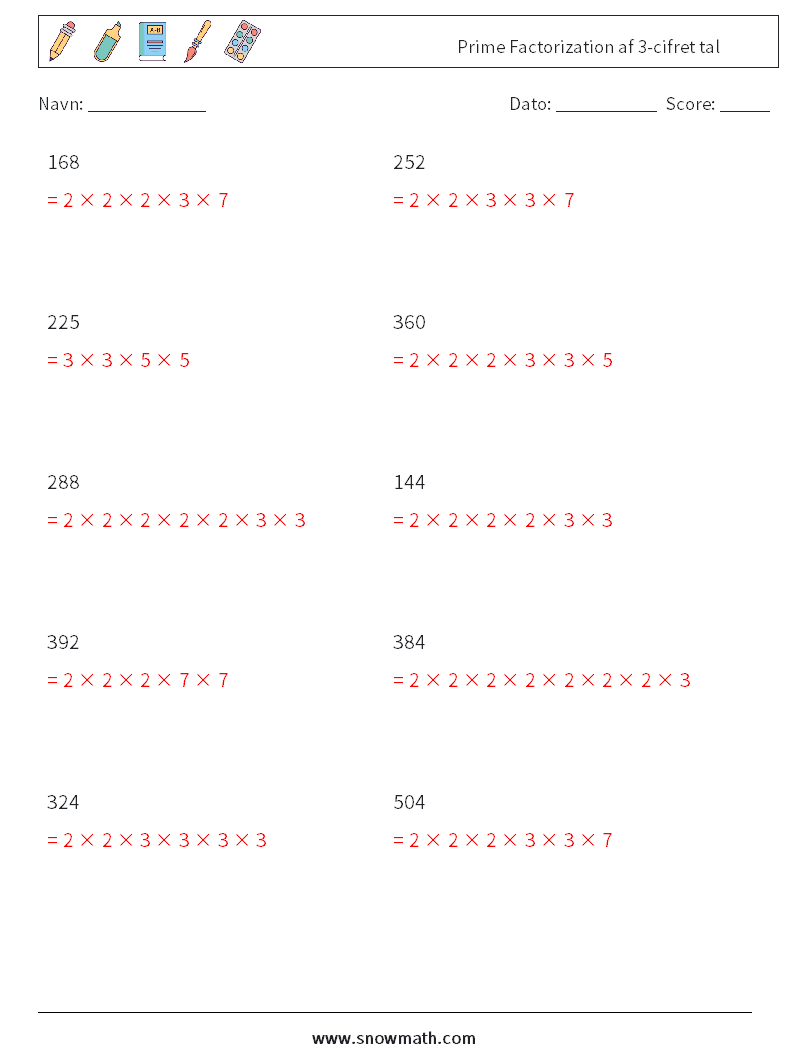 Prime Factorization af 3-cifret tal Matematiske regneark 1 Spørgsmål, svar