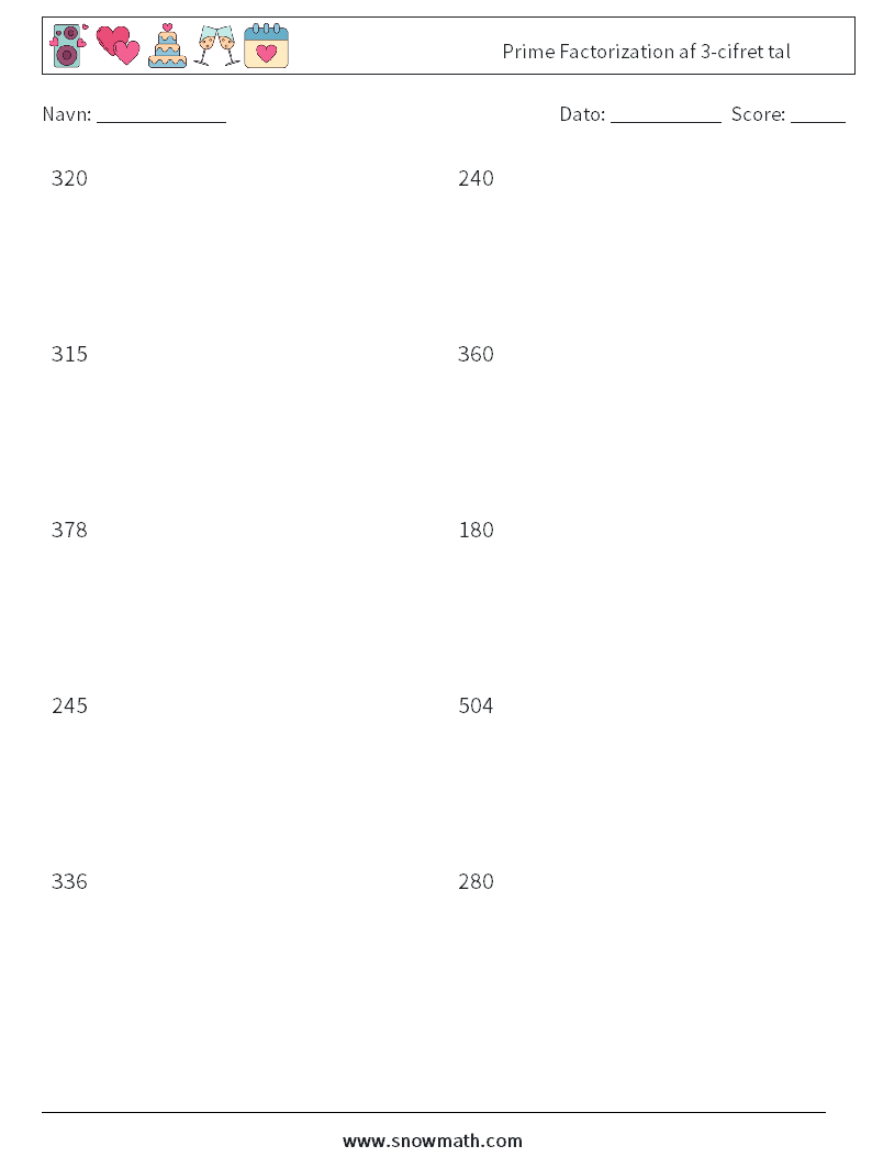 Prime Factorization af 3-cifret tal Matematiske regneark 4