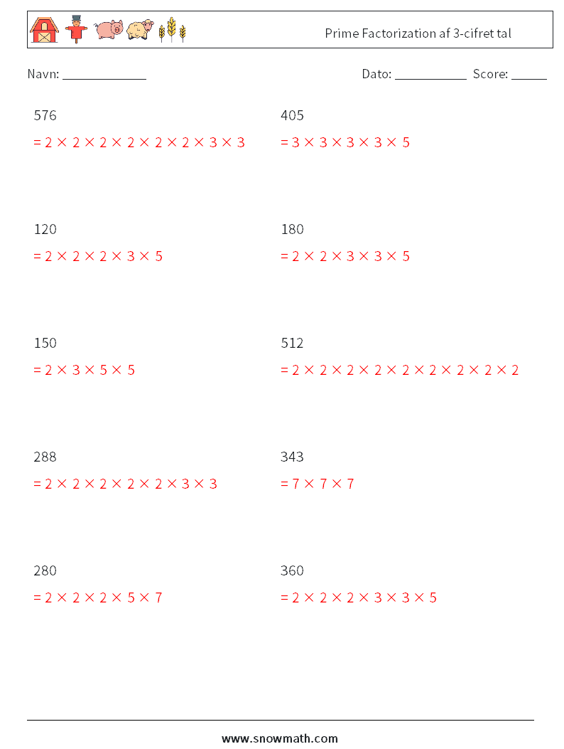 Prime Factorization af 3-cifret tal Matematiske regneark 5 Spørgsmål, svar