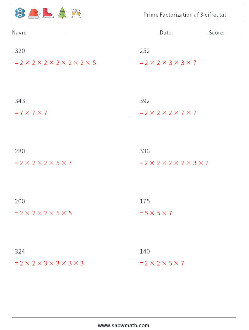 Prime Factorization af 3-cifret tal Matematiske regneark 6 Spørgsmål, svar