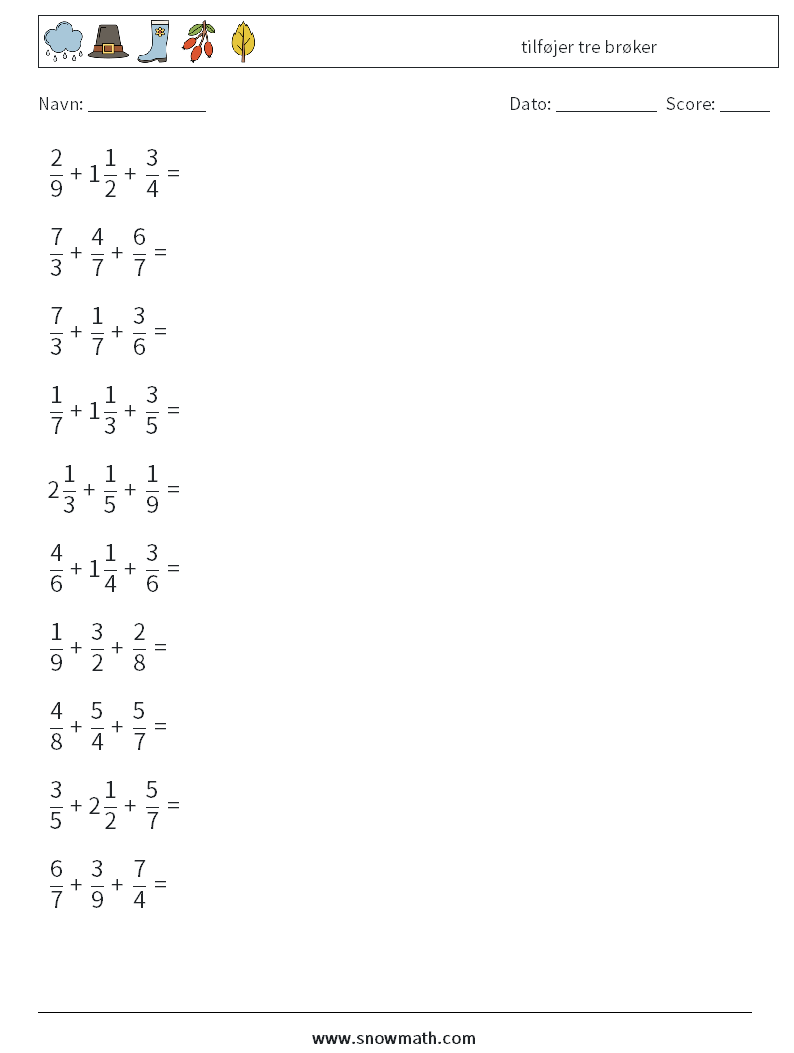 (10) tilføjer tre brøker Matematiske regneark 10